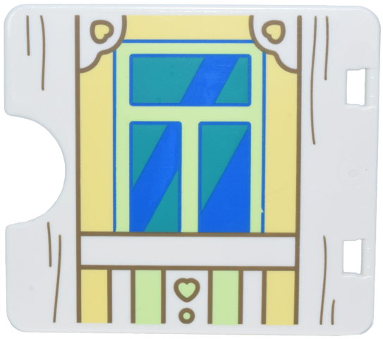 Duplo Door / Window Pane 1 x 4 x 3 with Dark Tan and Bright Light Yellow Shutter, Hearts, Yellowish Green Frame, Dark Turquoise and Blue Glass Pattern