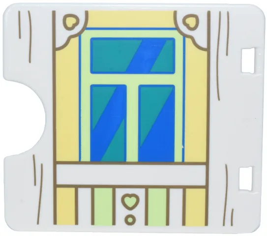 Duplo Door / Window Pane 1 x 4 x 3 with Dark Tan and Bright Light Yellow Shutter, Hearts, Yellowish Green Frame, Dark Turquoise and Blue Glass Pattern