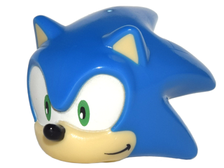 Minifigure, Head, Modified Hedgehog, Sonic with Molded Tan Face and Inner Ears and Printed Bright Green Eyes on White Background, Black Nose and Grin to Left Pattern