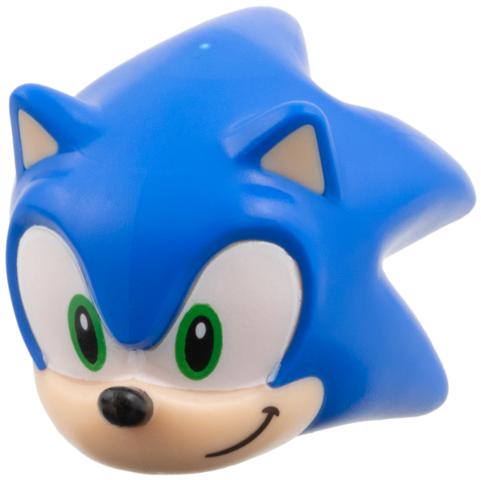 Minifigure, Head, Modified Hedgehog, Sonic with Molded Light Nougat Face and Inner Ears and Printed Bright Green Eyes on White Background, Black Nose and Grin to Left Pattern