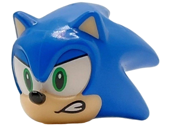 Minifigure, Head, Modified Hedgehog, Sonic with Molded Light Nougat Face and Inner Ears and Printed Bright Green Eyes on White Background, Blue Eyelids, Black Nose and Open Mouth Smirk with Teeth to Left Pattern