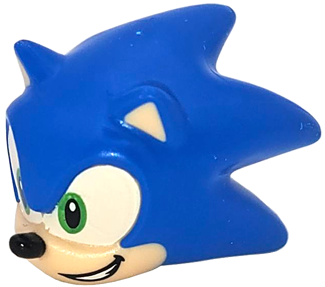 Minifigure, Head, Modified Hedgehog, Sonic with Molded Light Nougat Face and Inner Ears and Printed Bright Green Eyes on White Background, Black Nose and Open Mouth Smile with Teeth to Left Pattern