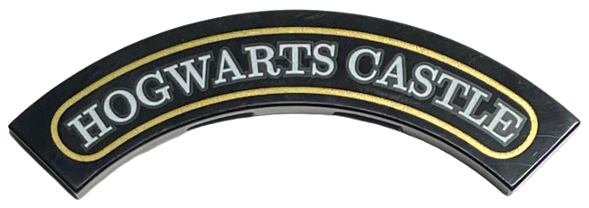 Tile, Round Corner 4 x 4 Macaroni with 'HOGWARTS CASTLE' and Gold Border Pattern