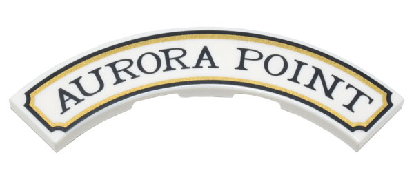 Tile, Round Corner 4 x 4 Macaroni with Black and Gold Sign Border and 'AURORA POINT' Pattern