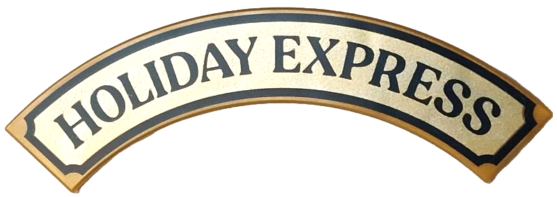 Tile, Round Corner 4 x 4 Macaroni with Metallic Gold Sign with Black 'HOLIDAY EXPRESS' Pattern