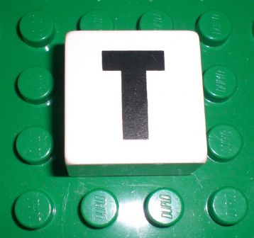 Duplo, Tile 2 x 2 x 1 with Black Capital Letter T Pattern
