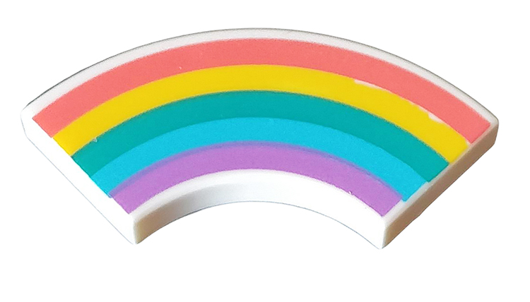 Tile, Round Corner 2 x 2 Macaroni with Coral, Yellow, Dark Turquoise, Medium Azure, and Medium Lavender Rainbow Pattern