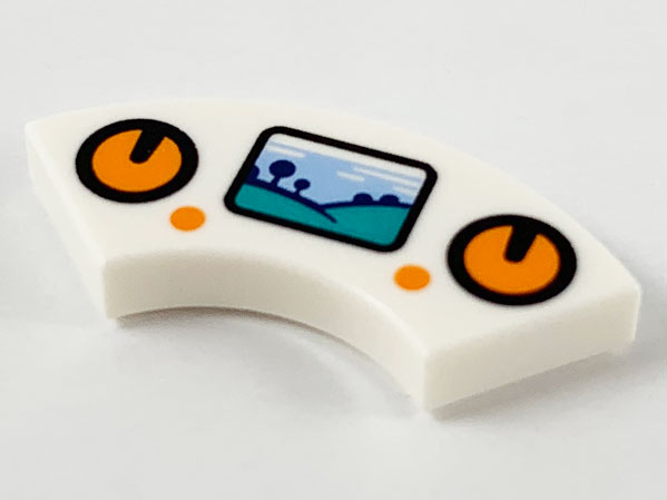 Tile, Round Corner 2 x 2 Macaroni with Orange Circle Control Pads and Buttons and Display with Sky, Grass and Tree Pattern