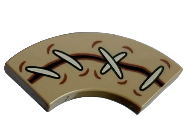 Tile, Round Corner 2 x 2 Macaroni with Dark Brown Line / Tear with White Stitches and Reddish Brown Stitch Holes Pattern