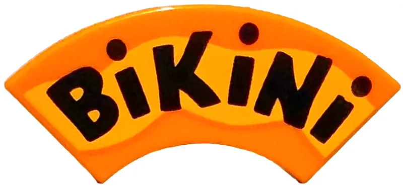 Tile, Round Corner 2 x 2 Macaroni with Black 'BiKiNi' on Bright Light Orange Wave Pattern