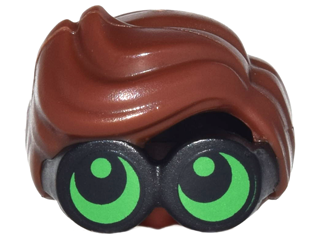 Minifigure, Hair Combo, Large Thick Glasses with Reddish Brown Hair, Parted and Wavy with Bright Green Lenses, Pupils Looking Up Pattern