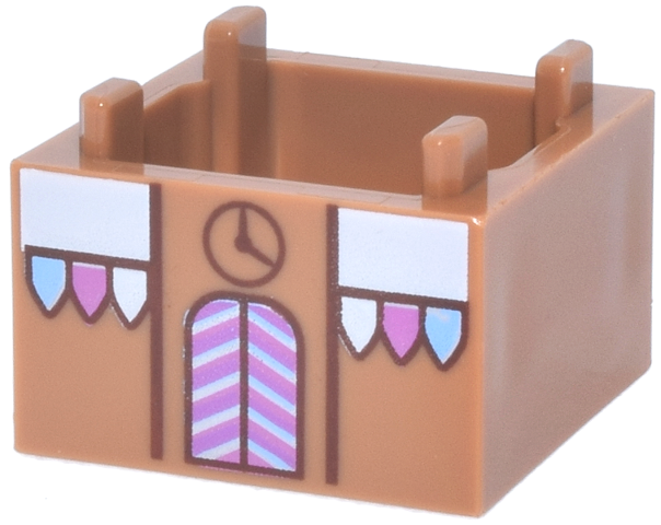 Container, Box 2 x 2 x 1 - Top Opening with Raised Inner Bottom with Gingerbread House, Bright Pink, Bright Light Blue and White Awning, Icing and Striped Door and Reddish Brown Clock Pattern