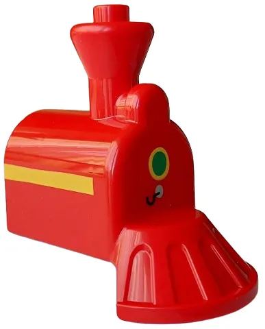 Duplo, Train Steam Engine Front with Cow Catcher with Green and Silver Oval with Black Hook on Front, Yellow Stripe on Both Sides Pattern