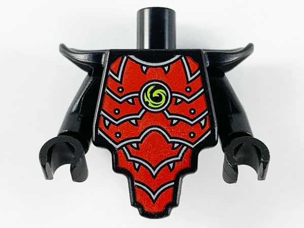 Torso, Modified Short with Smooth Armor Breastplate with Shoulder Pads and Red Armor Plates, Silver Edges and Lime Swirl Pattern / Black Arms / Black Hands
