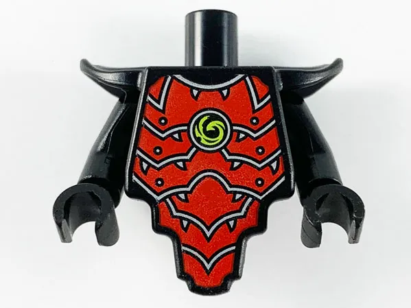 Torso, Modified Short with Smooth Armor Breastplate with Shoulder Pads and Red Armor Plates, Silver Edges and Lime Swirl Pattern / Black Arms / Black Hands