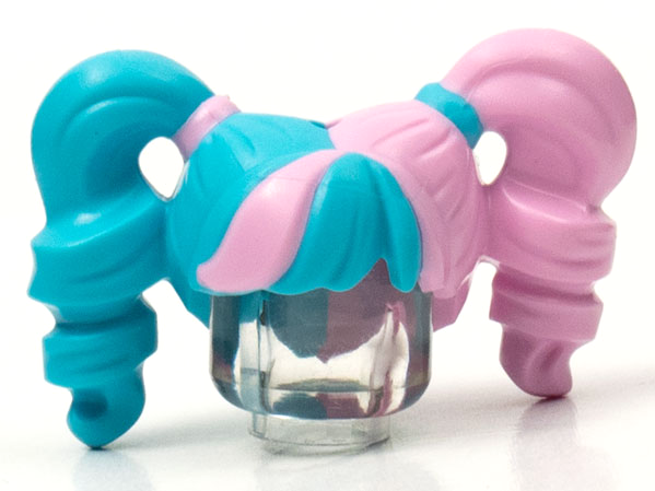 Minifigure, Hair Female Pigtails High Bouncy, Hole on Top with Bright Pink Hair on Left Side and Tie on Right Side Pattern