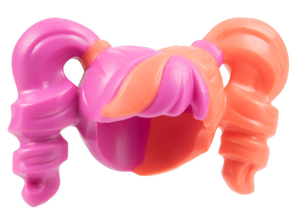 Minifigure, Hair Female Pigtails High Bouncy, Hole on Top with Coral Hair on Left Side and Coral Tie on Right Side Pattern (BAM)