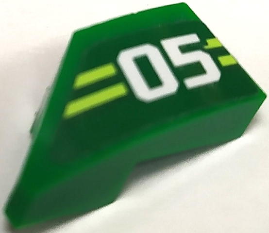 Wedge 2 x 1 x 2/3 Right with White '05' and Yellowish Green Stripes Pattern (Sticker) - Set 71709