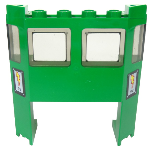 Train Front 2 x 6 x 5 1/3 with 1 x 4 x 2 Cutout and Window with Molded Trans-Brown Glass and Electric Lightning Bolt and '9V' Pattern on Both Sides (Stickers) - Set 7898