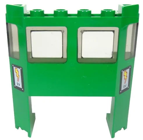 Train Front 2 x 6 x 5 1/3 with 1 x 4 x 2 Cutout and Window with Molded Trans-Brown Glass and Electric Lightning Bolt and '9V' Pattern on Both Sides (Stickers) - Set 7898