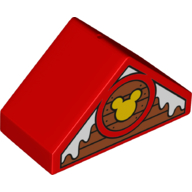 Duplo, Brick 4 x 2 Slope 45 Double with Snow on Boards and Mickey Mouse Logo Pattern