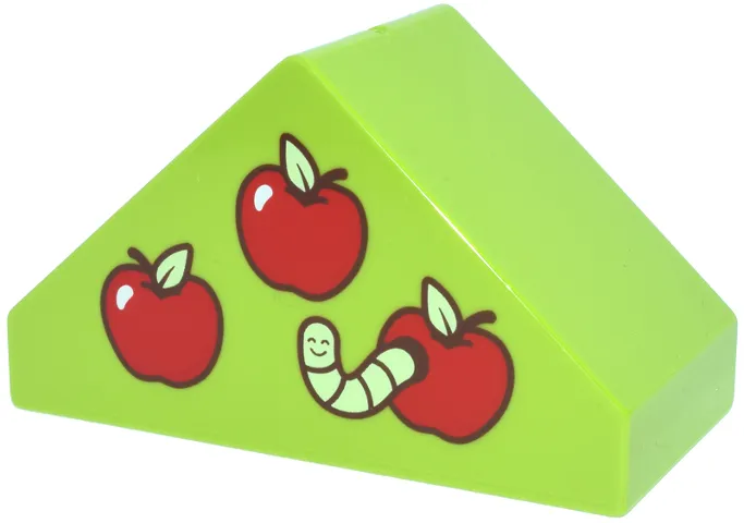 Duplo, Brick 4 x 2 Slope 45 Double with Red Apples, White Highlights, Yellowish Green Leaves and Worm Pattern