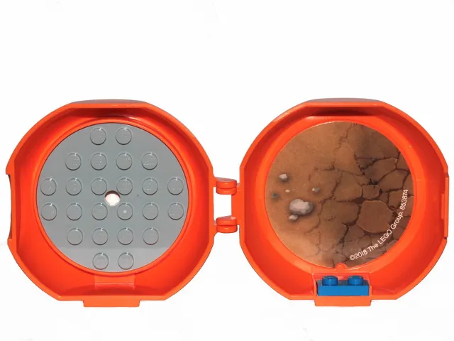 Container, Pod with Light Bluish Gray 6 x 6 Round Plate and Blue 1 x 2 Plate with The LEGO Movie 2 Pattern (Sticker) and Hologram - Set 853874