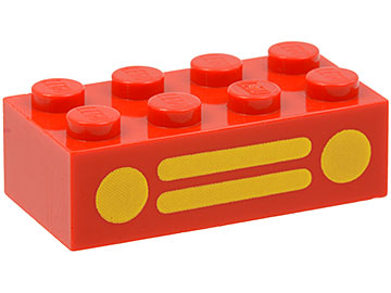 Brick 2 x 4 with Yellow Car Grille and Headlights, 2 Circles and 2 Horizontal Lines Pattern