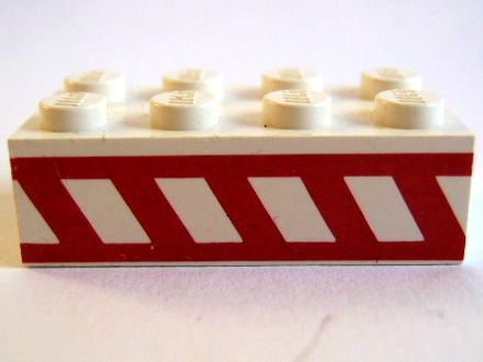 Brick 2 x 4 with Angled Red Stripes Between Two Horizontal Red Stripes Pattern