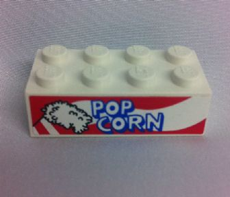 Brick 2 x 4 with Popcorn with 2 White Stripes on Bag Pattern both sides (Stickers) - Set 10041