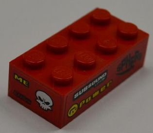 Brick 2 x 4 with 'SUBSOUND LIMITER', 'POWER' and 'SPHERE' on Right Side and 'ME', 'ENGYNE' and White Skull on End Pattern (Stickers) - Set 8186