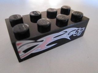 Brick 2 x 4 with Silver and Pink Flames and '57' on Black Background Pattern Model Left Side (Sticker) - Set 8495
