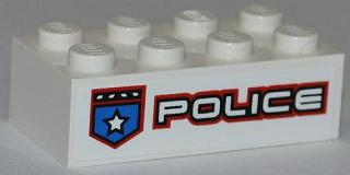 Brick 2 x 4 with Police White Star Badge and White 'POLICE' with Red Outline Pattern Model Left Side (Sticker) - Set 8301