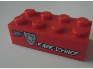 Brick 2 x 4 with White 'FIRE CHIEF' and Silver Badge Pattern Model Left Side (Sticker) - Set 8154