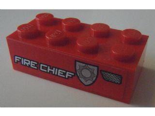 Brick 2 x 4 with White 'FIRE CHIEF' and Silver Badge Pattern Model Right Side (Sticker) - Set 8154