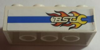 Brick 2 x 4 with Blue Line and Flaming Wrench 'BSC' Pattern Model Right Side (Sticker) - Set 8681