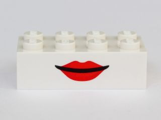 Brick 2 x 4 with Mouth with Red Lips Grin / Open Mouth Smile with Teeth on Opposite Sides Pattern