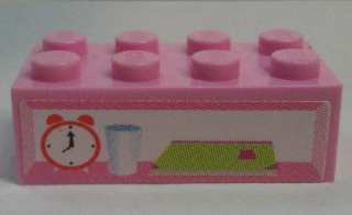 Brick 2 x 4 with Alarm Clock, Glass and Book Pattern (Sticker) - Set 7586