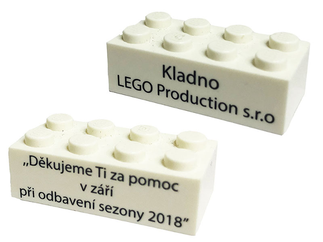 Brick 2 x 4 with 'Kladno LEGO Production s.r.o.' and 'Thank you for your help in September 2018' (Translated Czech) Pattern on Opposite Sides