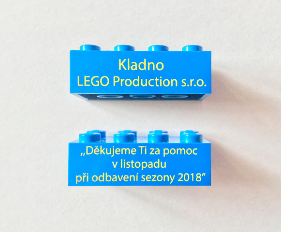 Brick 2 x 4 with 'Kladno LEGO Production s.r.o.' and 'Thank you for your help in November 2018' (Translated Czech) Pattern on Opposite Sides