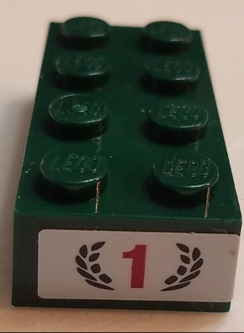 Brick 2 x 4 with Red Number 1 and Dark Green Laurel Wreath Pattern on End (Sticker) - Set 75881