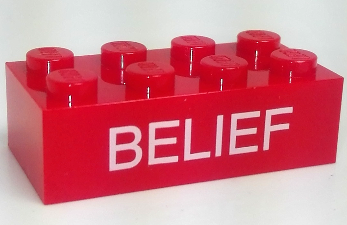 Brick 2 x 4 with White 'BELIEF' Pattern