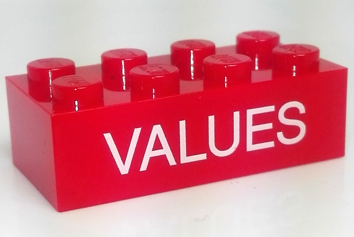 Brick 2 x 4 with White 'VALUES' Pattern