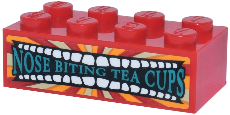 Brick 2 x 4 with Bright Light Orange and Tan Sign, White Teeth, and Dark Turquoise 'NOSE BITING TEA CUPS' Pattern (Sticker) - Set 76457