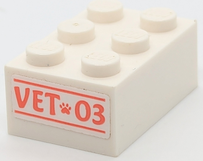Brick 2 x 3 with Coral 'VET 03' and Paw Print Pattern on End (Sticker) - Set 41442