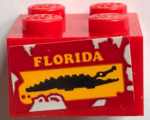Brick 2 x 2 with Yellow 'FLORIDA' and Black Crocodile on Red Background Pattern (Sticker) - Set 70907