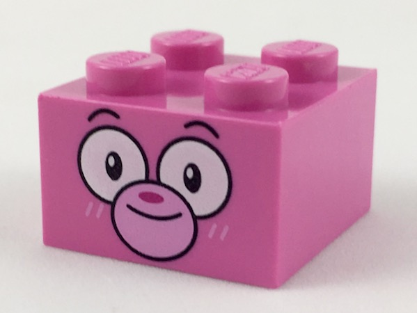 Brick 2 x 2 with Cat Face, Black Eyebrows, Large White Eyes, Bright Pink Muzzle and Whiskers, Magenta Nose Pattern