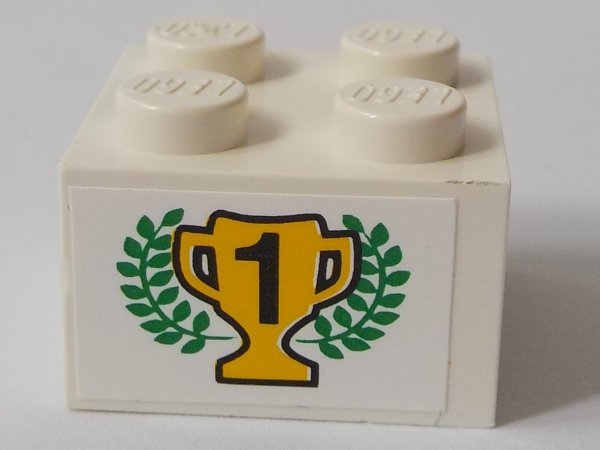 Brick 2 x 2 with Black Number 1 on Yellow Trophy Cup, Green Laurels Pattern (Sticker) - Set 6337