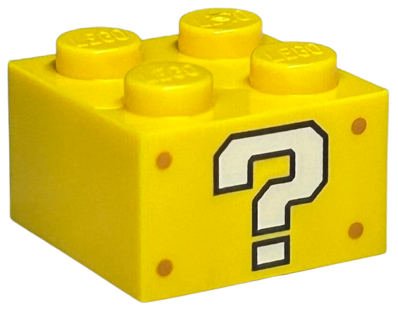 Brick 2 x 2 with White Question Mark and Medium Nougat Rivets Pattern on Opposite Sides (Super Mario ? Block)