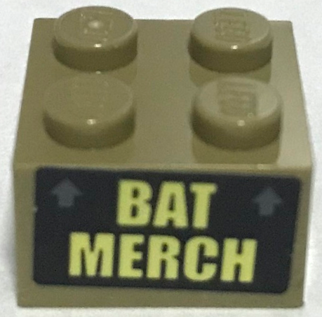 Brick 2 x 2 with Bright Light Yellow 'BAT MERCH' and 2 Dark Bluish Gray Arrows on Black Background Pattern (Sticker) - Set 70922